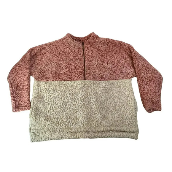Time & Tru Fleece Quarter Zip Sweatshirt w/ Pockets Pink & White, 2X 20W-22W - Picture 1 of 6